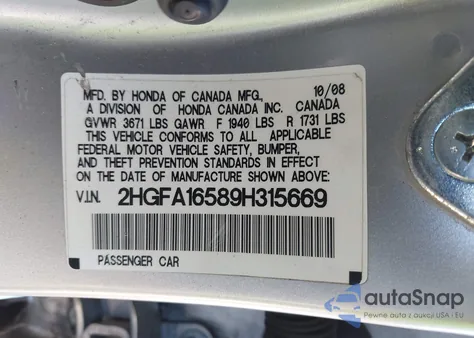 2009 Honda Civic Lx from USA, damaged, VIN 2HGFA16589H315669